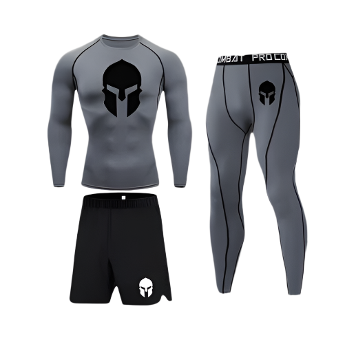 Sparta Long Compression Shirt set in grey and black with Spartan helmet design, featuring sweat-wicking polyester/spandex fabric.