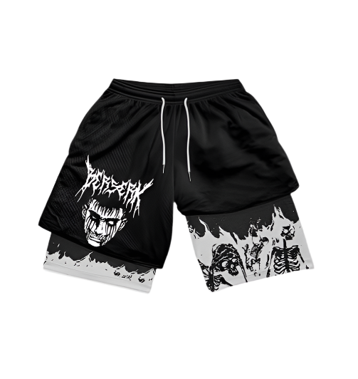 Berserk Compression Shorts with graphic design, polyester/spandex fabric.