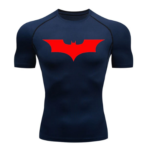 Dark Knight Compression Shirt with superhero logo, offers muscle support and UV protection.