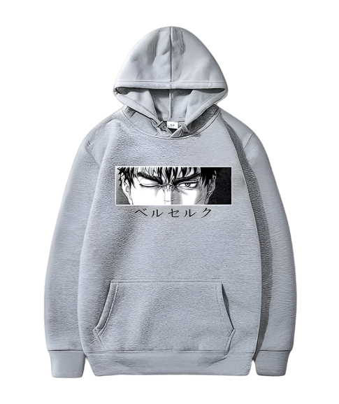 Gray Berserk Hoodie with graphic design, ideal for intense workouts.