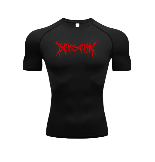 Berserk Compression Shirt in black polyester/spandex with red logo, moisture-wicking fabric.