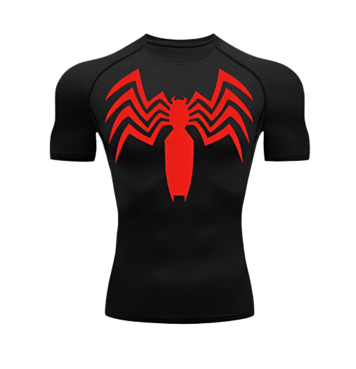 Venom Short Compression Shirt with red spider logo, polyester/spandex fabric, sweat-wicking technology.