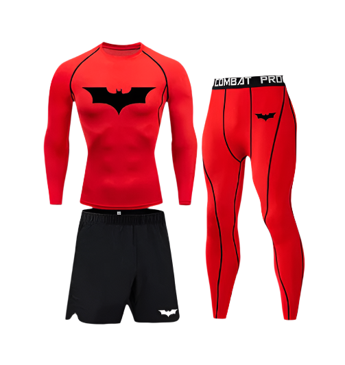 Batman compression shirt set with sweat-wicking technology, polyester/spandex fabric in red and black design.