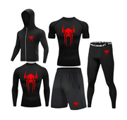 Spiderman 2099 compression set featuring premium polyester/spandex fabric with sweat-wicking technology.