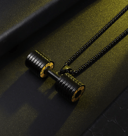 Stainless steel dumbbell necklace on a 60 cm chain, perfect for fitness enthusiasts.