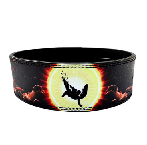 Powerlifting belt with Icarus design, leather, durable buckle.