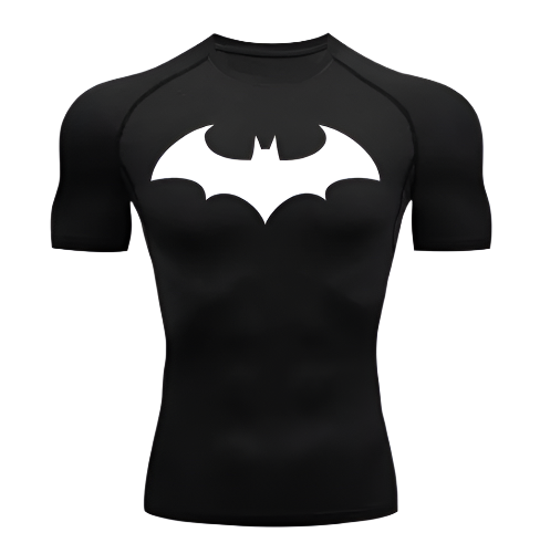 Arkham Detective Compression Shirt with muscle support technology and bat logo design.