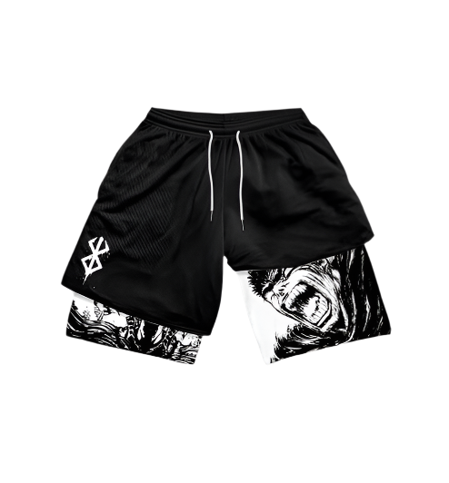 Berserk Compression Shorts with polyester/spandex blend and sweat-wicking technology.