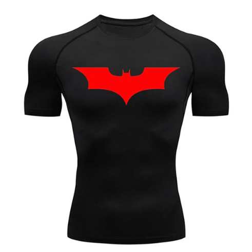 Black compression shirt with red bat symbol on chest, Dark Knight theme.