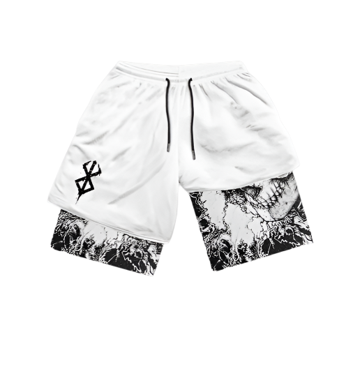 Berserk Compression Shorts in white with black accents, crafted with polyester/spandex and featuring sweat-wicking technology.