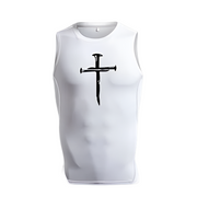 Cristian Compression Tank Top, white, featuring sleek modern design with nail-cross graphic, enhances muscle definition and performance.