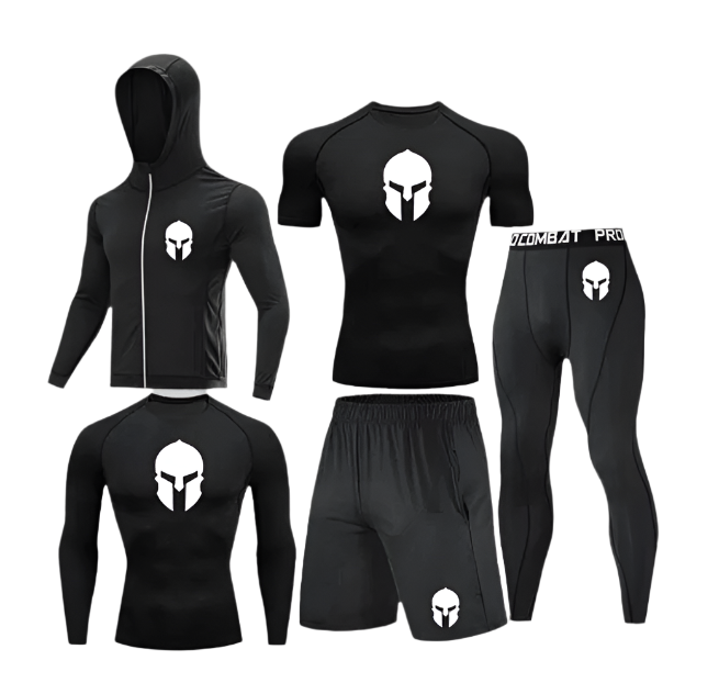 Sparta Complete Compression set featuring black polyester/spandex athletic wear with Spartan helmet logo.