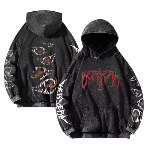 Black Berserk hoodie with striking graphic design, ideal for intense workouts.