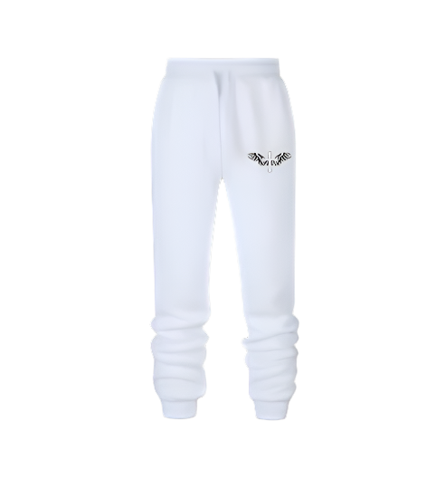 White Christian sweatpants with minimalist design and elastic waistband.