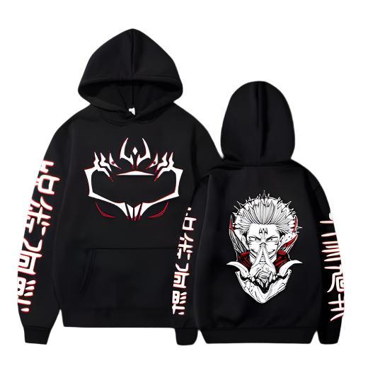 Jujutsu Kaisen Hoodie with anime designs and symbols, black with red and white accents, featuring kangaroo pocket and hood.