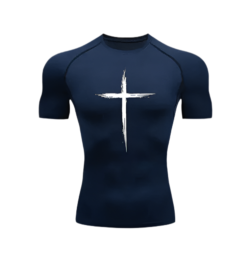 Christian compression shirt with cross design, made from polyester/spandex, featuring sweat-wicking technology.