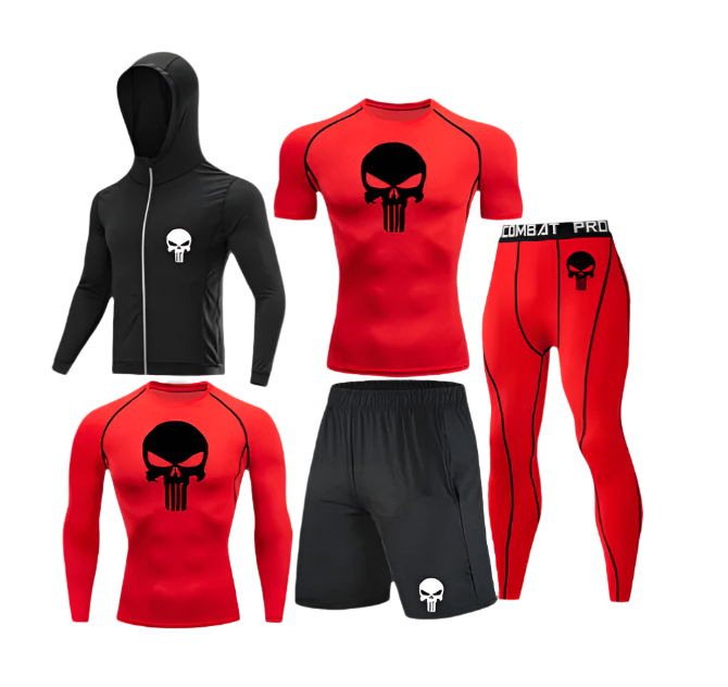 Punisher Complete Compression set with premium polyester/spandex fabric featuring sweat-wicking technology, including red and black tops, hoodie, shorts, and leggings.