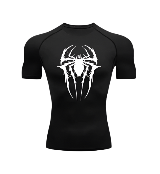 Black Spider V2 Compression Shirt Short with white spider-themed design, offering optimal muscle support and flexibility.