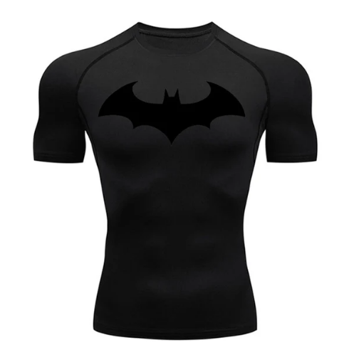 Black Arkham Detective Compression Shirt with superhero logo design.