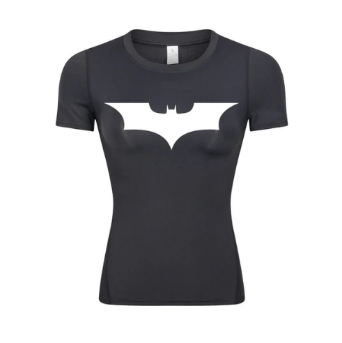 Dark Knight Woman's Compression Shirt with iconic logo, sportswear for muscle stabilization and comfort.