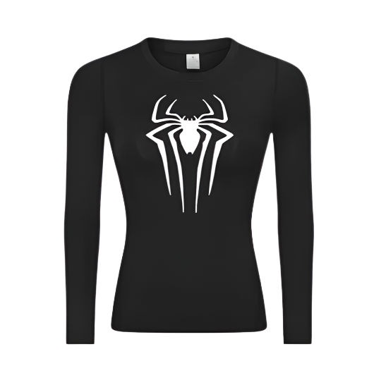 Women's black long sleeve compression shirt with white spider design.