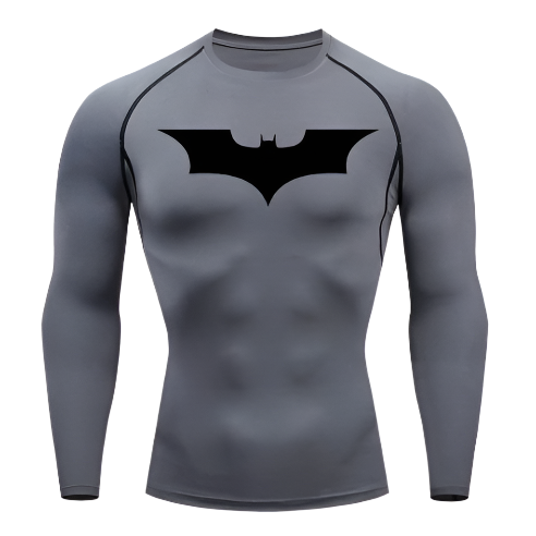 Dark Knight long sleeve compression shirt with hero-inspired logo, ideal for sportswear and muscle protection.