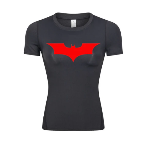 Dark Knight Woman's Compression Shirt with red bat logo, ideal for sportswear and muscle stabilization.