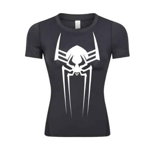 2099 web-slinging woman's compression shirt with hero-inspired design.