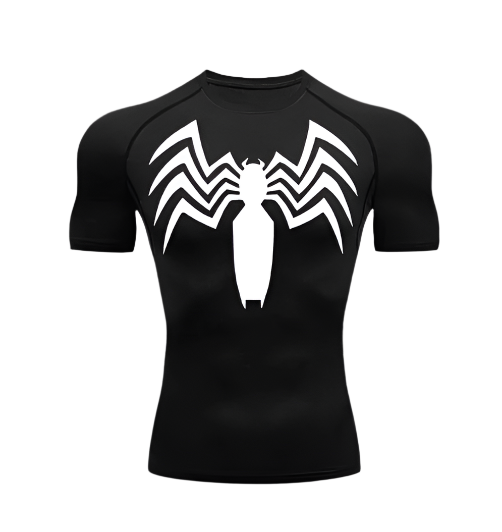 Venom Short Compression Shirt with Spider Logo - Polyester/Spandex Blend, Sweat-Wicking Tech