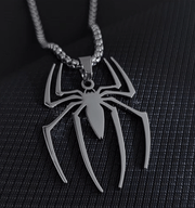 Spider Necklace in stainless steel with spider design on black background.