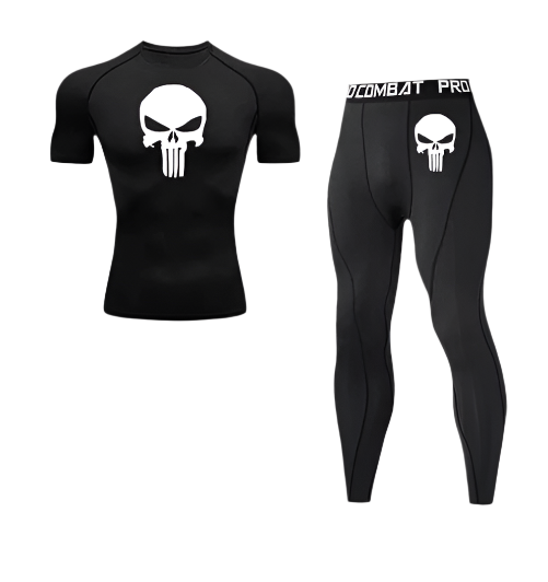 Punisher Short Compression set with skull logo, black polyester/spandex fabric, sweat-wicking technology.