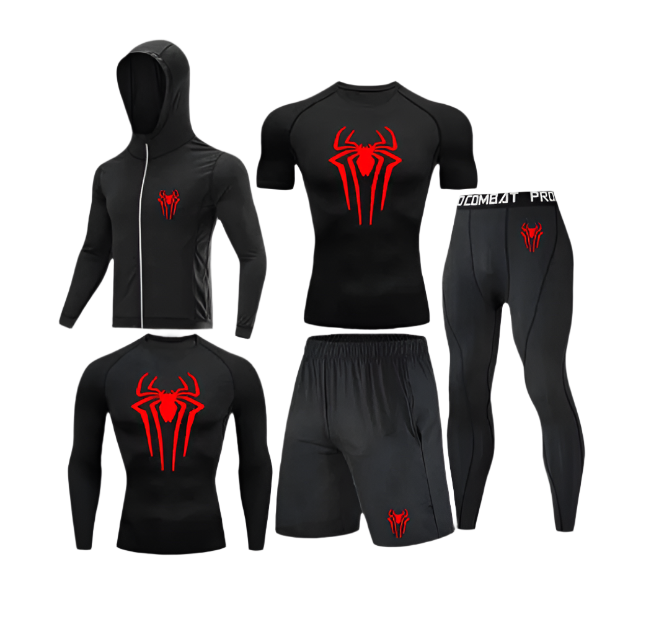 Spider Complete Compression set featuring black polyester/spandex with red spider logo and sweat-wicking technology.