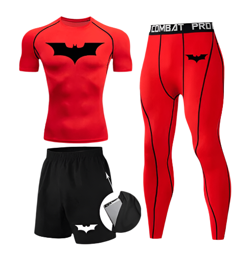 Bat short sleeve compression set in red with logo, featuring sweat-wicking polyester/spandex fabric for cool, dry comfort.