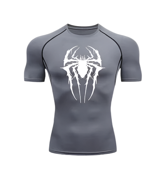 Spider V2 Compression Shirt Short with spider-themed design, gray high-performance athletic wear.