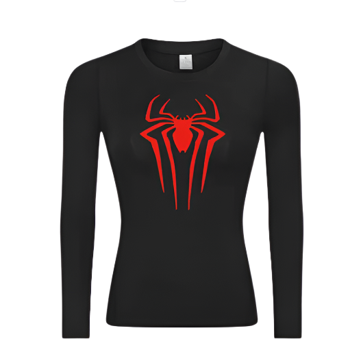 Woman's long sleeve black compression shirt with red spider design, perfect for sports and UV protection.