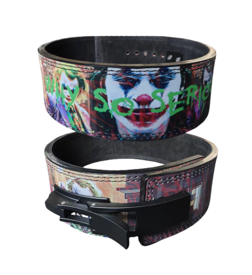 Joker-themed cowhide powerlifting belt with lever buckle for weightlifting support.