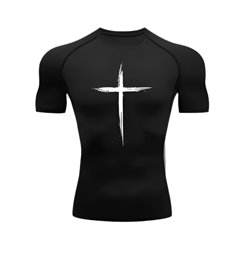 Christian Compression Shirt with cross design, polyester/spandex fabric, moisture-wicking.