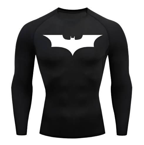 Dark Knight long sleeve compression shirt with iconic bat symbol.