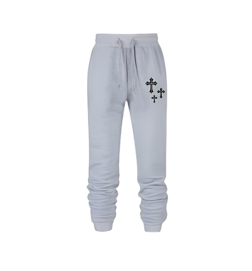 Cristian sweatpants in light gray with cross design, elastic waistband, side pockets.