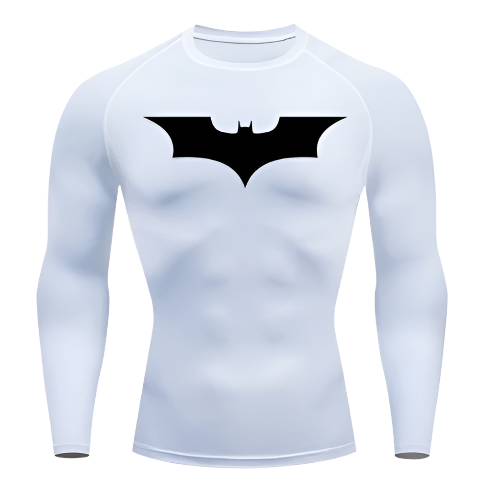 Dark Knight long sleeve compression shirt with hero emblem for workout and protection.