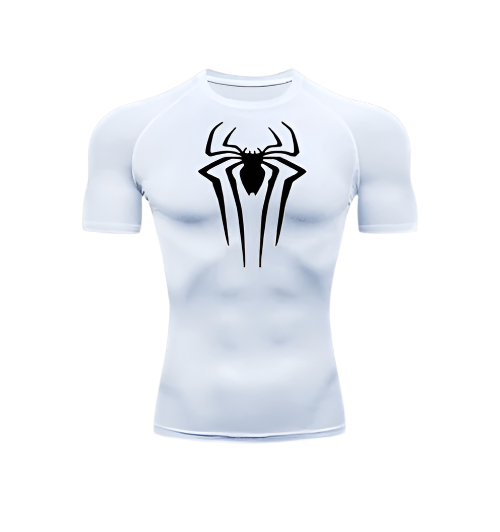 Spiderman short compression shirt with spider logo, polyester/spandex, sweat-wicking fabric.