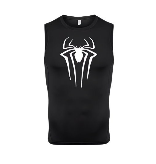 Black Spiderman compression tank top with white spider logo, breathable moisture-wicking fabric.