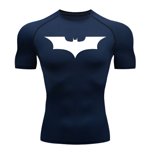 Dark Knight Compression Shirt featuring superhero logo, ideal sportswear for muscle support and UV protection.