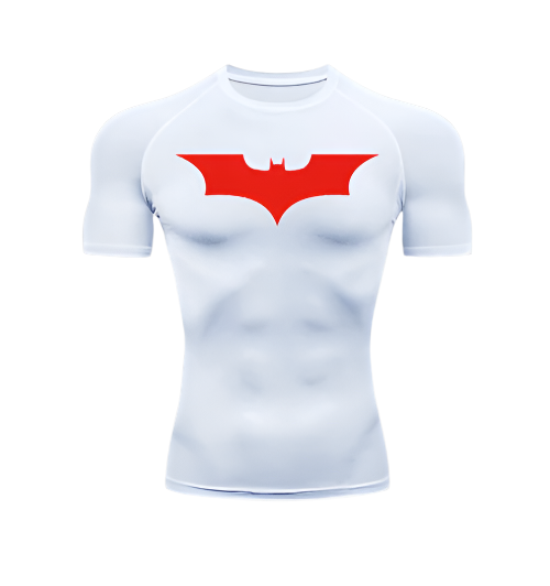 Bat Black/White Compression Shirt with red Batman logo, polyester/spandex, sweat-wicking technology.