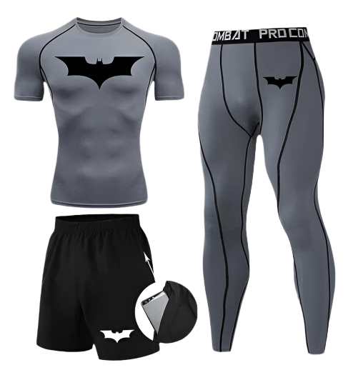 Batman compression set featuring short sleeve top and tights, made from sweat-wicking polyester/spandex fabric.