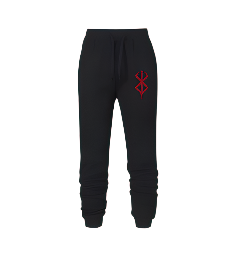 Berserk sweatpants, black joggers with red design, adjustable waistband, moisture-wicking fabric.