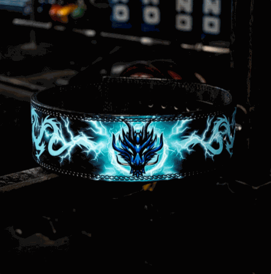 Dragon of Terror powerlifting belt with dragon design and durable leather construction.