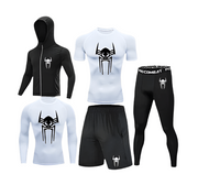 Spiderman 2099 compression wear set with sweat-wicking polyester/spandex fabric.