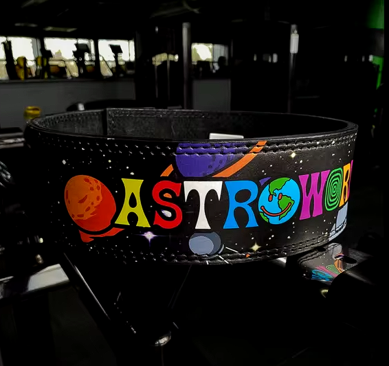 AstroWorld Powerlifting Belt with colorful design on black leather.