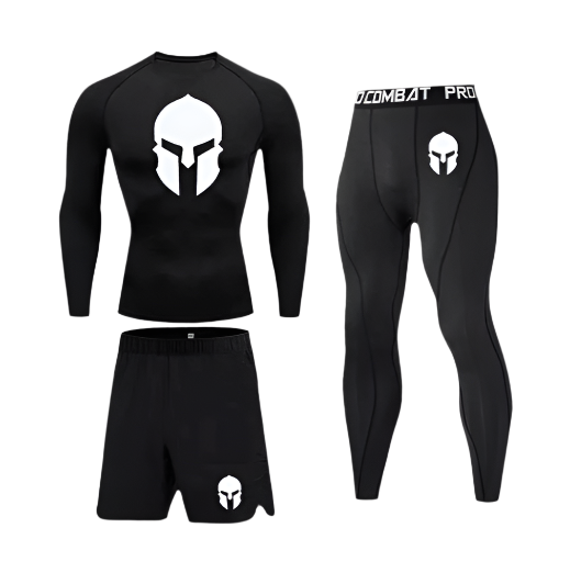 Sparta Long Compression Shirt set with sweat-wicking polyester/spandex fabric.